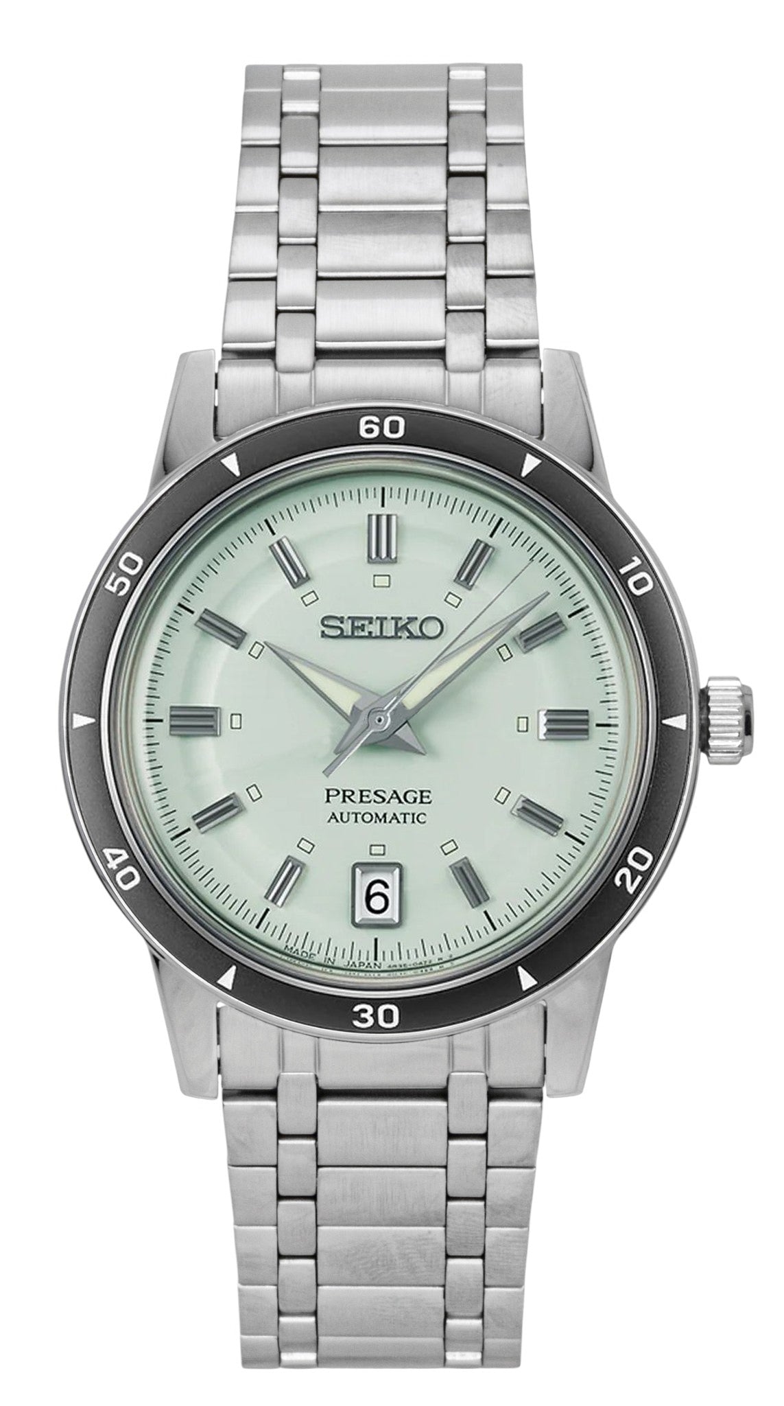 Seiko Presage Style 60's Stainless Steel Mint Green Dial. A brand-new Seiko Presage watch featuring a Green dial and a Stainless steel strap. Front view.