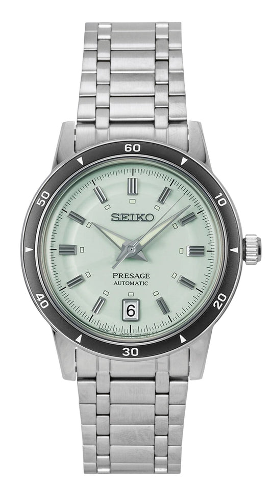 Seiko Presage Style 60's Stainless Steel Mint Green Dial. A brand-new Seiko Presage watch featuring a Green dial and a Stainless steel strap. Front view.