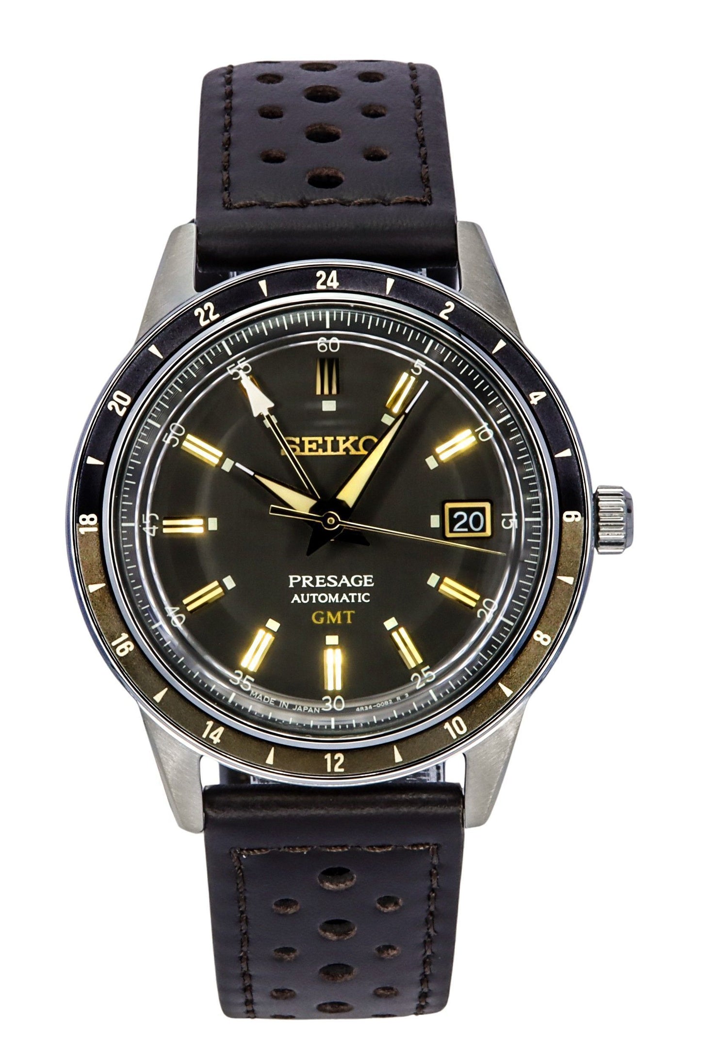 Seiko Presage Style60's GMT Calf Leather Strap Black Dial. A brand-new Seiko Presage watch featuring a Black dial and a Leather strap. Side view.