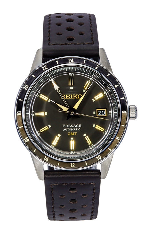 Seiko Presage Style60's GMT Calf Leather Strap Black Dial. A brand-new Seiko Presage watch featuring a Black dial and a Leather strap. Side view.
