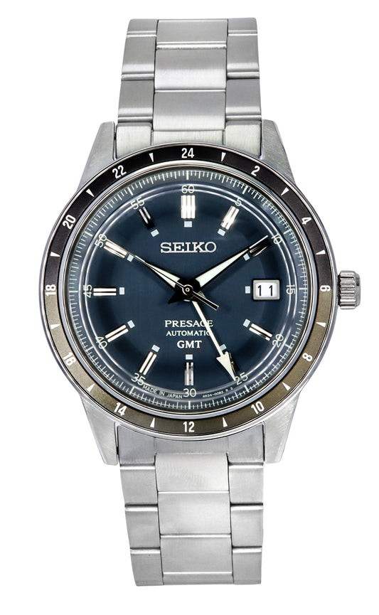 Seiko Presage Style60's GMT Stainless Steel Blue Dial. A brand-new Seiko Presage watch featuring a Blue dial and a Stainless steel strap. Angled view.