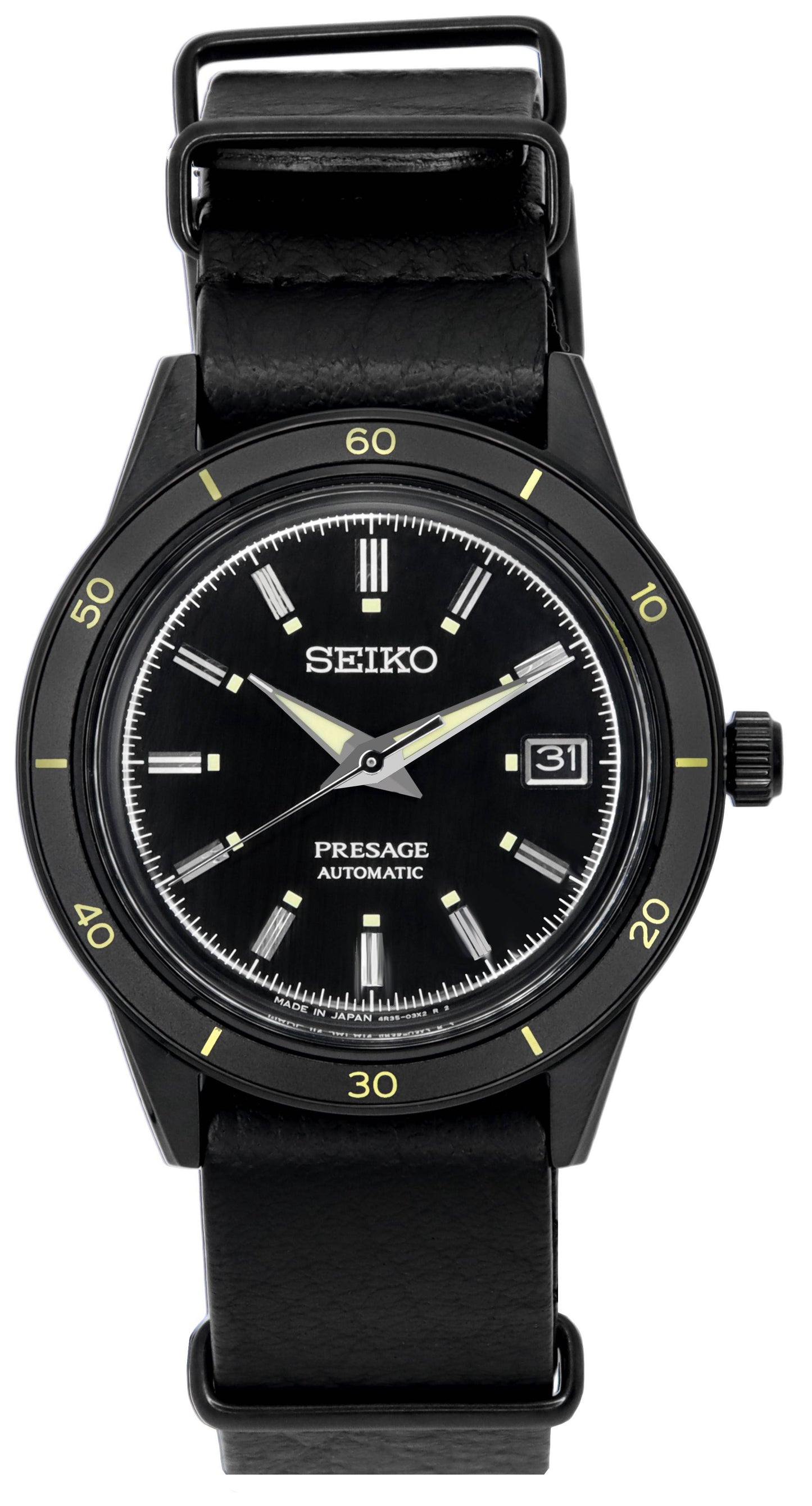 Seiko Presage Style60s Black Dial Automatic SRPH95 SRPH95J. A brand-new Seiko Presage watch featuring a Black dial and a Leather strap. Angled view.