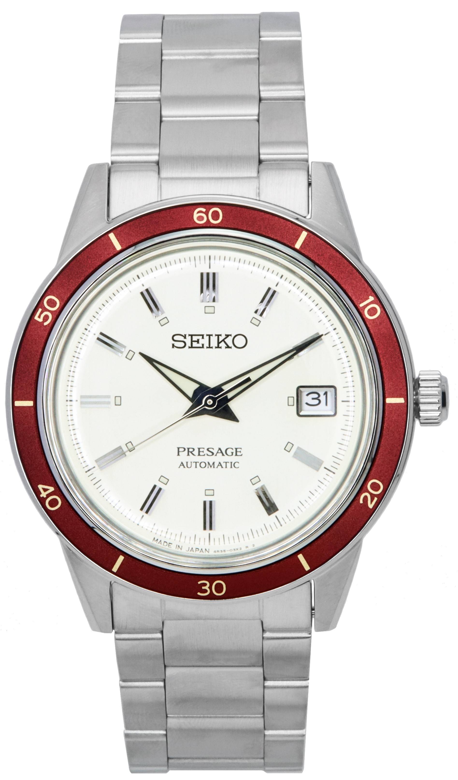 Seiko Presage Style60s White Dial Automatic SRPH93 SRPH93J. A brand-new Seiko Presage watch featuring a White dial and a Stainless steel strap. Front view.