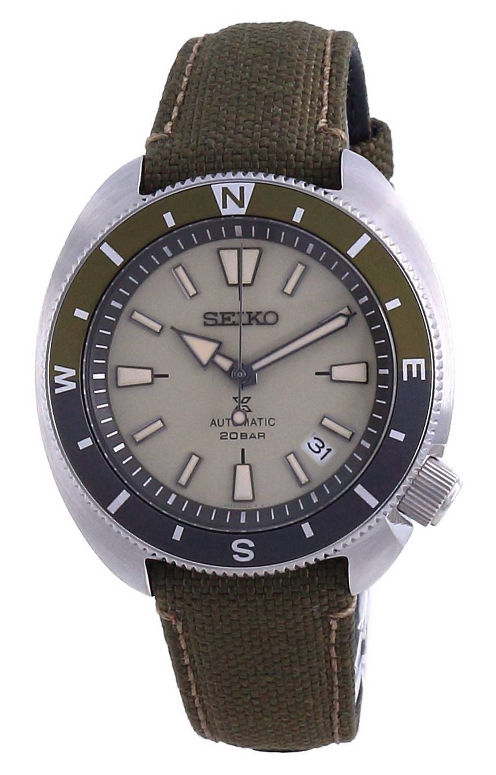 Seiko Prospex Land Tortoise Automatic Diver's SRPG13. A brand-new Seiko Prospex watch featuring a Stainless steel strap. Angled view.