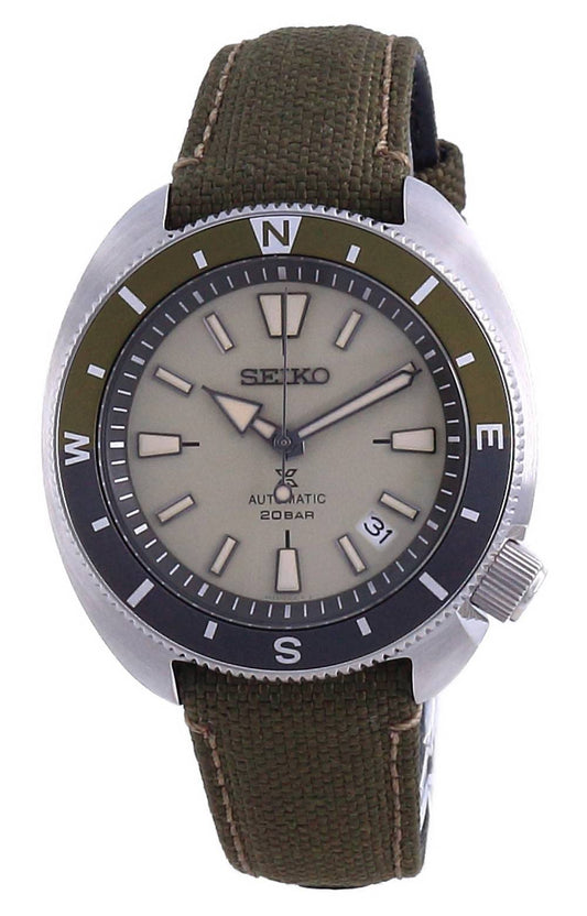 Seiko Prospex Land Tortoise Automatic Diver's SRPG13. A brand-new Seiko Prospex watch featuring a Stainless steel strap. Angled view.
