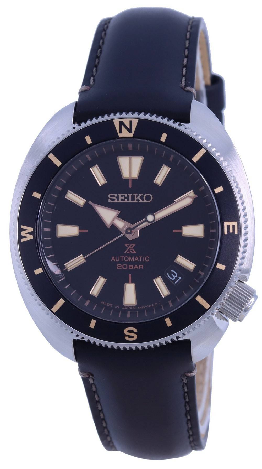 Seiko Prospex Land Tortoise Automatic Diver's SRPG17. A brand-new Seiko Prospex watch featuring a Leather strap. Angled view.