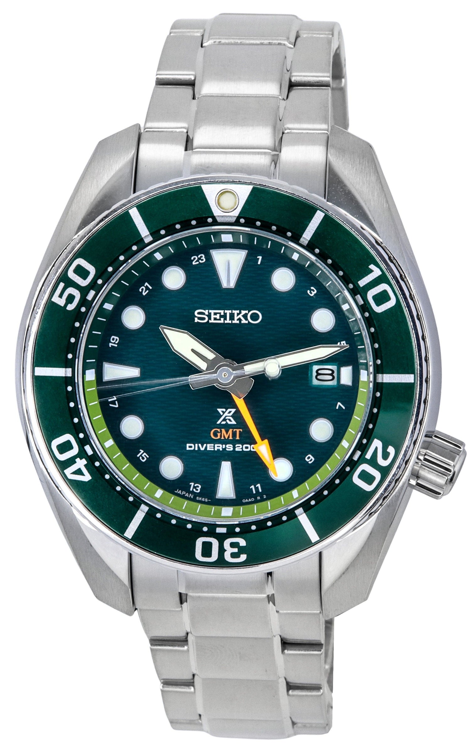 Seiko Prospex Sea Aqua Sumo GMT Green Dial Solar Diver's. A brand-new Seiko Prospex watch featuring a Green dial. Front view.
