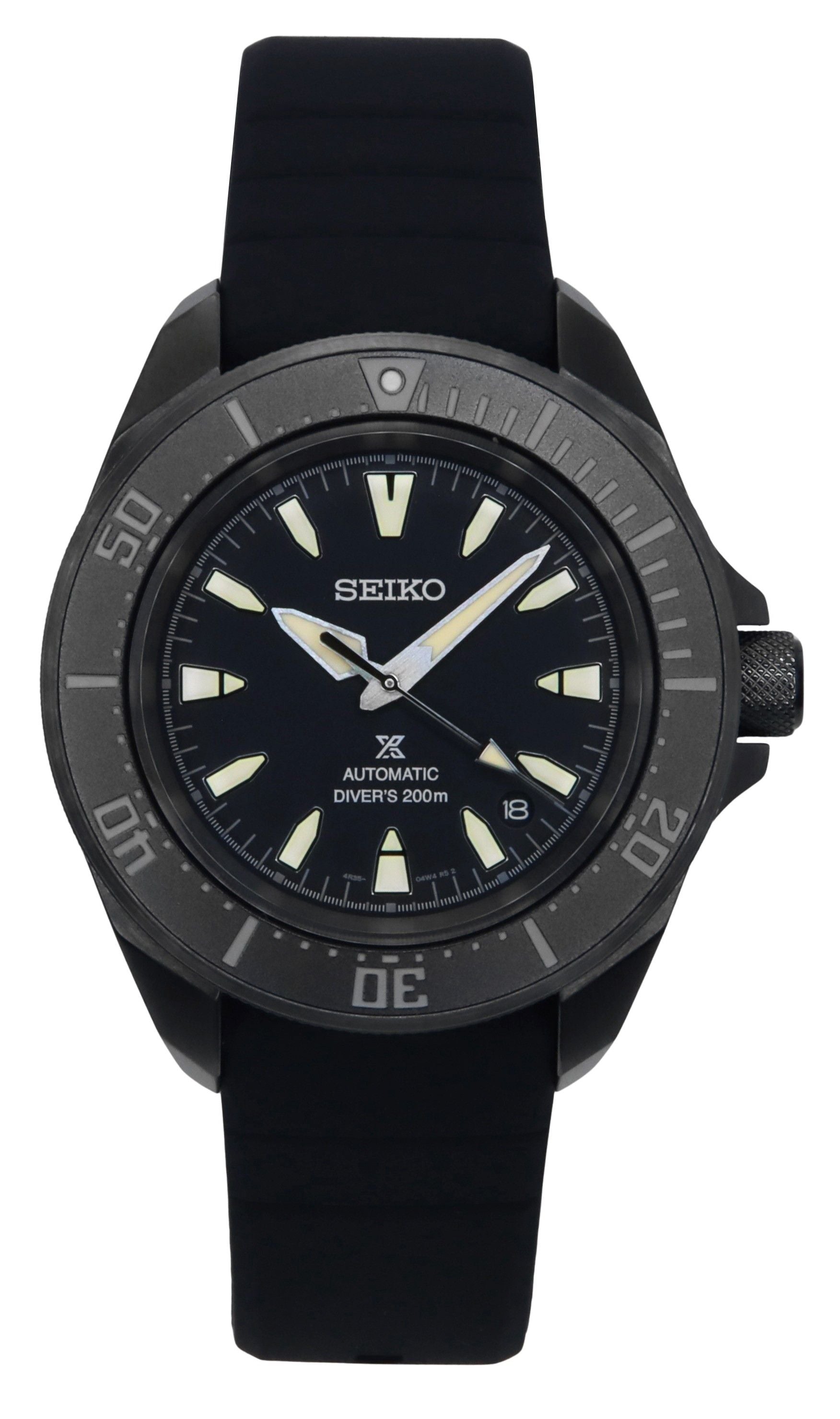 Seiko Prospex Sea Samurai Shog-urai Silicone Strap Black. A brand-new Seiko Prospex watch featuring a Black dial and a Silicone strap. Angled view.