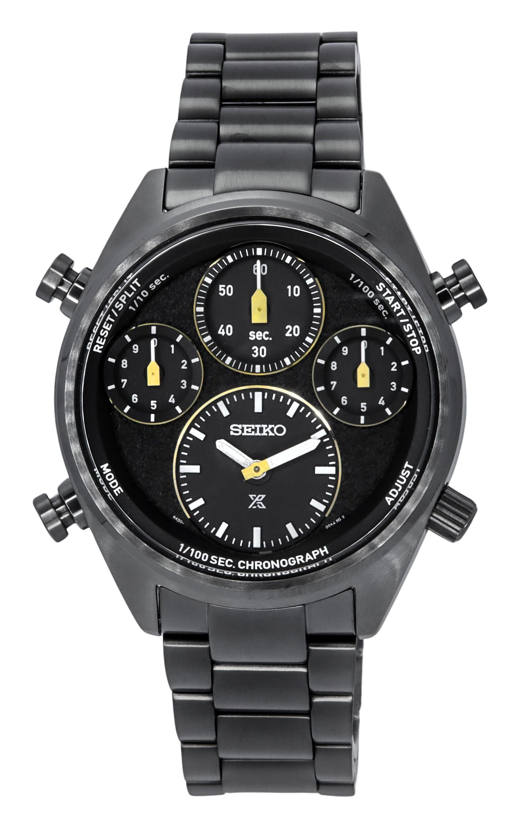 Seiko Prospex Speedtimer Limited Edition Chronograph. A brand-new Seiko Prospex watch featuring a Black dial and a Stainless steel strap. Front view.