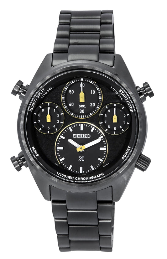 Seiko Prospex Speedtimer Limited Edition Chronograph. A brand-new Seiko Prospex watch featuring a Black dial and a Stainless steel strap. Front view.