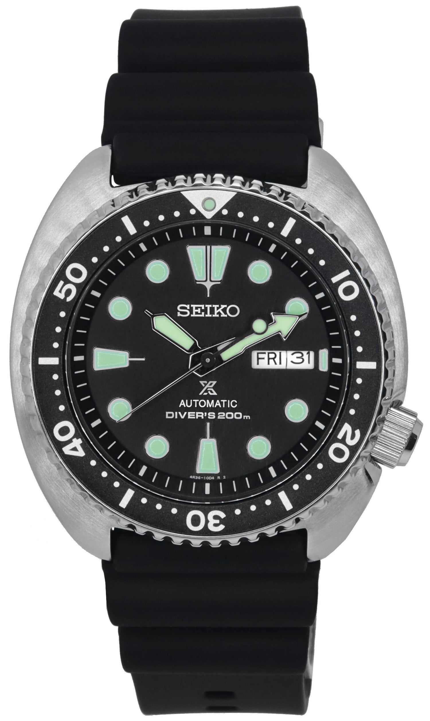Seiko Prospex Turtle Automatic Diver's SRPE93 SRPE93K 200M. A brand-new Seiko Prospex watch featuring a Silicone strap. Side view.