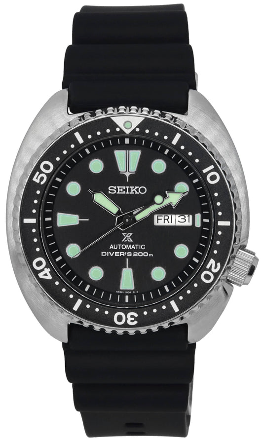 Seiko Prospex Turtle Automatic Diver's SRPE93 SRPE93K 200M. A brand-new Seiko Prospex watch featuring a Silicone strap. Side view.