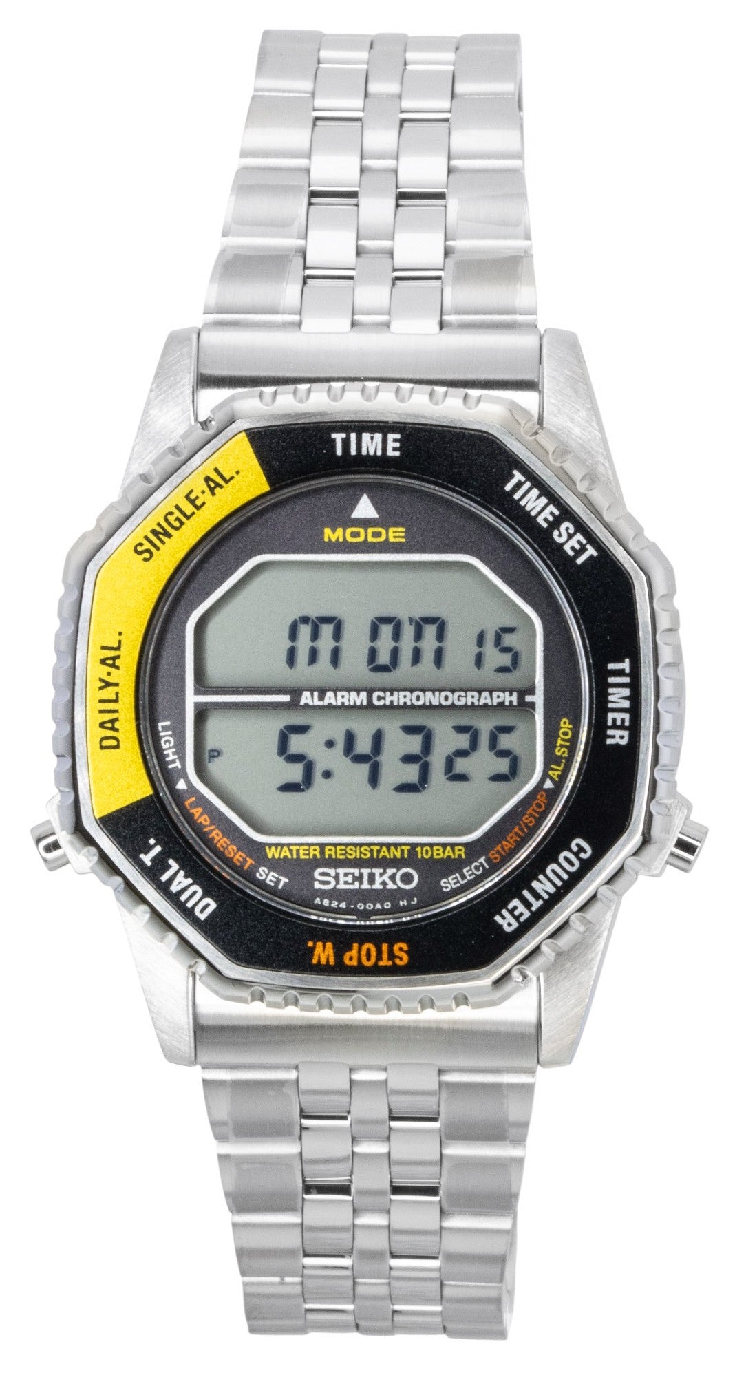 Seiko Rotocall Digital Chronograph Stainless Steel Quartz. A brand-new Seiko watch featuring a Stainless steel strap. Angled view.