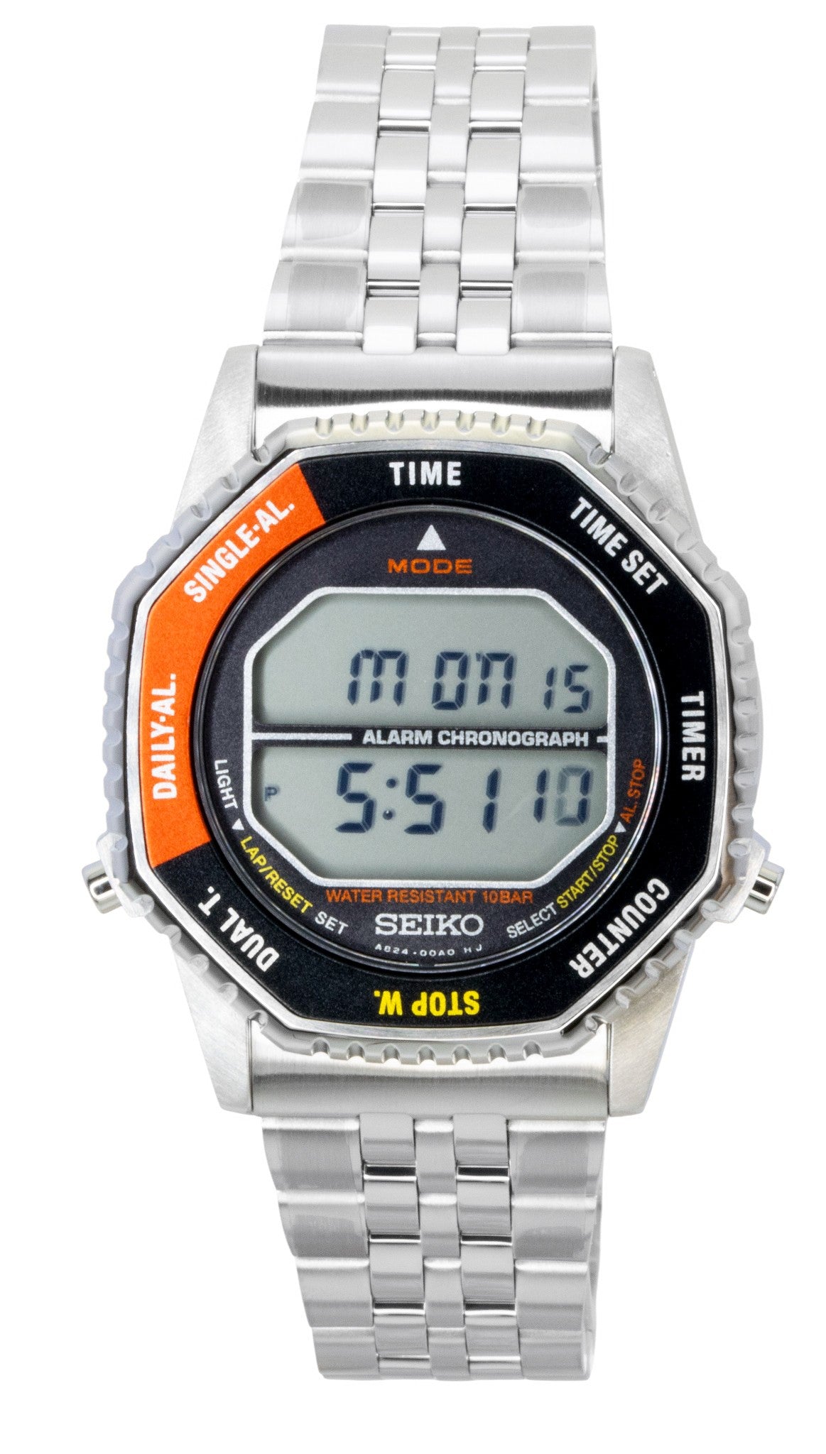 Seiko Rotocall Digital Chronograph Stainless Steel Quartz. A brand-new Seiko watch featuring a Stainless steel strap. Front view.