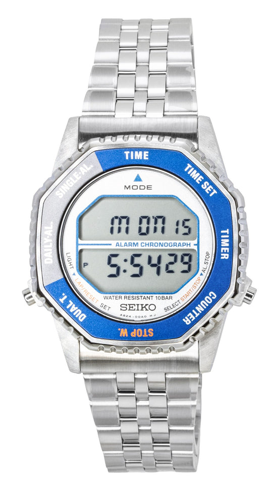 Seiko Rotocall Digital Chronograph Stainless Steel Quartz. A brand-new Seiko watch featuring a Stainless steel strap. Front view.