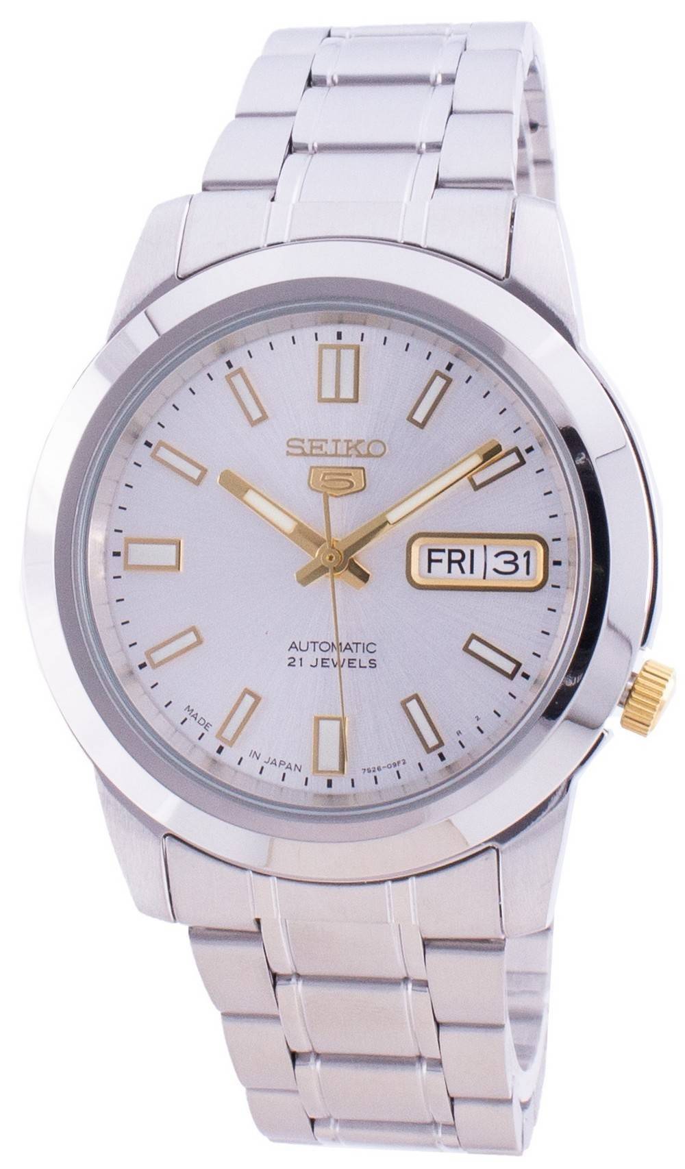 Seiko Series 5 Automatic Japan Made Stainless Steel. A brand-new Seiko watch featuring a Stainless steel strap. Side view.