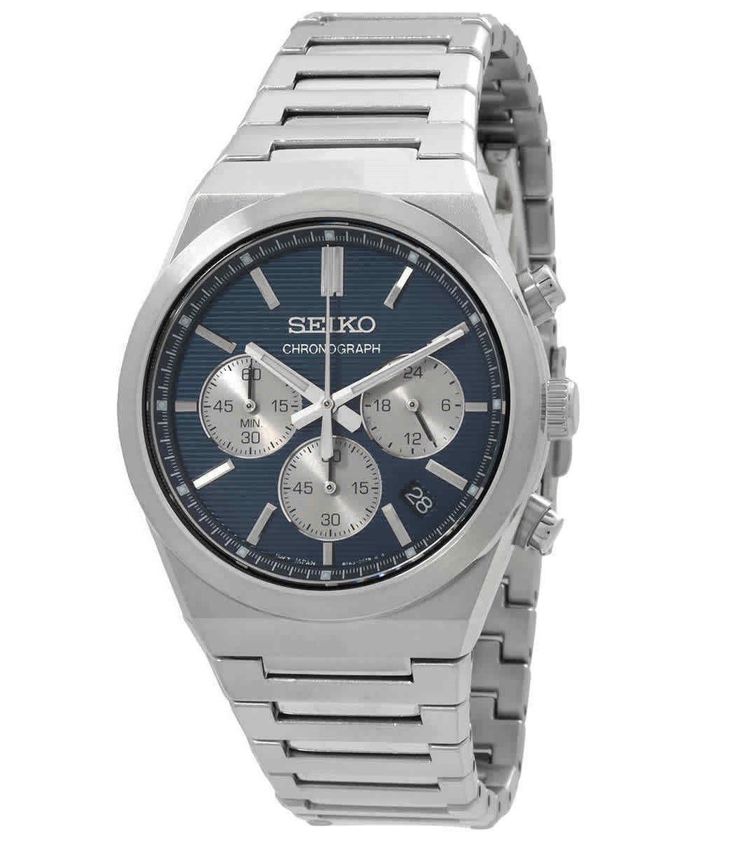 Seiko Sport Chronograph Stainless Steel Blue Dial Quartz. A brand-new Seiko watch featuring a Blue dial and a Stainless steel strap. Angled view.