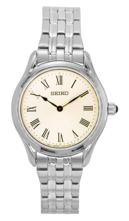 Seiko Stainless Steel Cream Dial Quartz Wo Water Resistant. A brand-new Seiko watch featuring a Stainless steel strap. Side view.