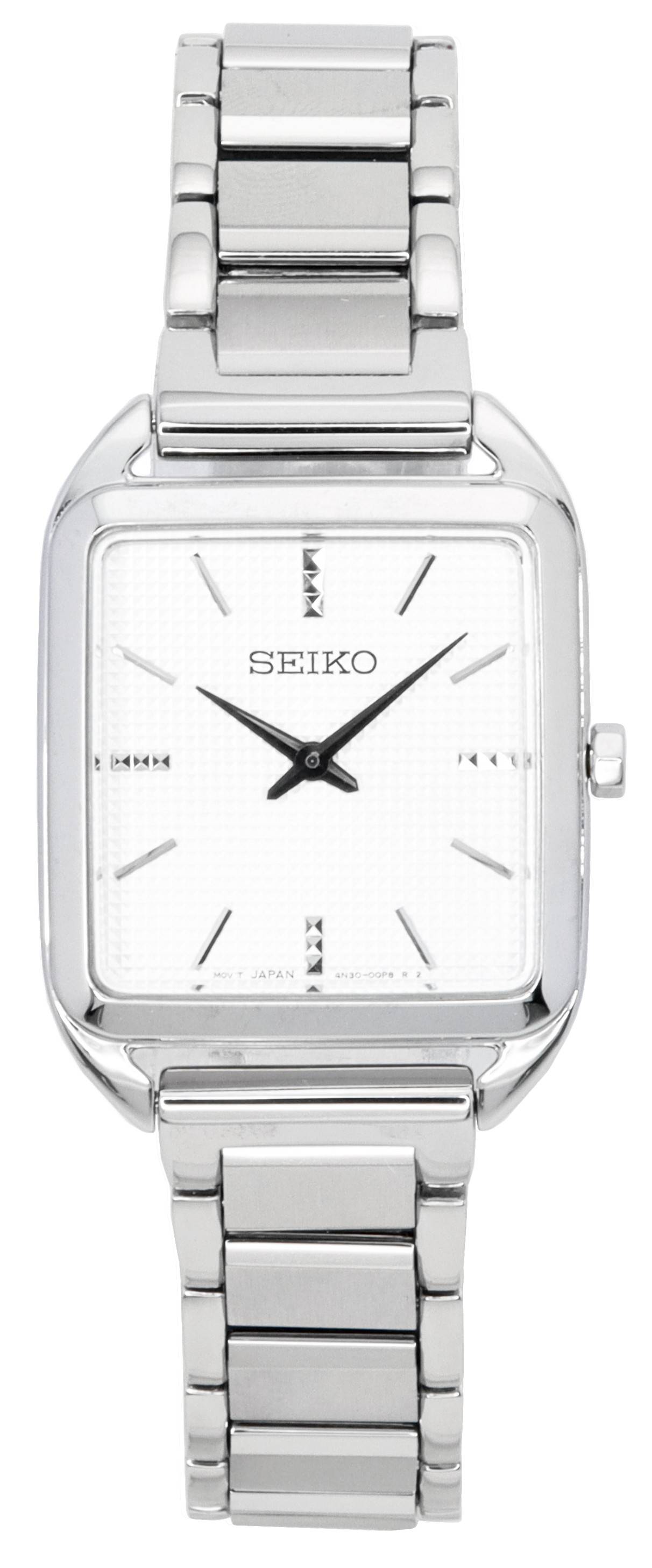 Seiko Stainless Steel White Dial Quartz SWR073 SWR073P Wo. A brand-new Seiko watch featuring a White dial and a Stainless steel strap. Front view.