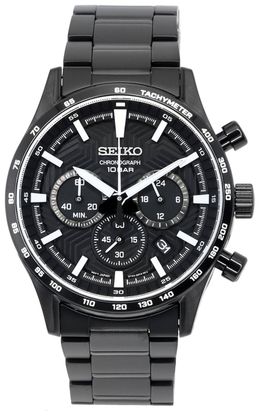 Seiko Urban Sports Chronograph Black Dial Quartz SSB415. A brand-new Seiko Urban Sports watch featuring a Black dial and a Stainless steel strap. Front view.