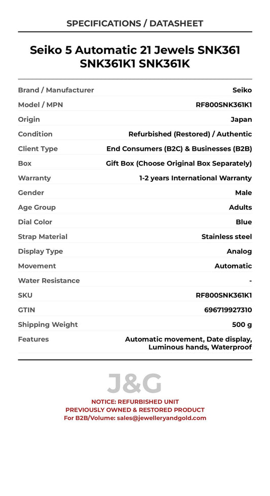 Seiko 5 Automatic 21 Jewels SNK361 SNK361K1 SNK361K. A professionally refurbished Seiko watch featuring a Blue dial and a Stainless steel strap. Front view. - MAIN_PH