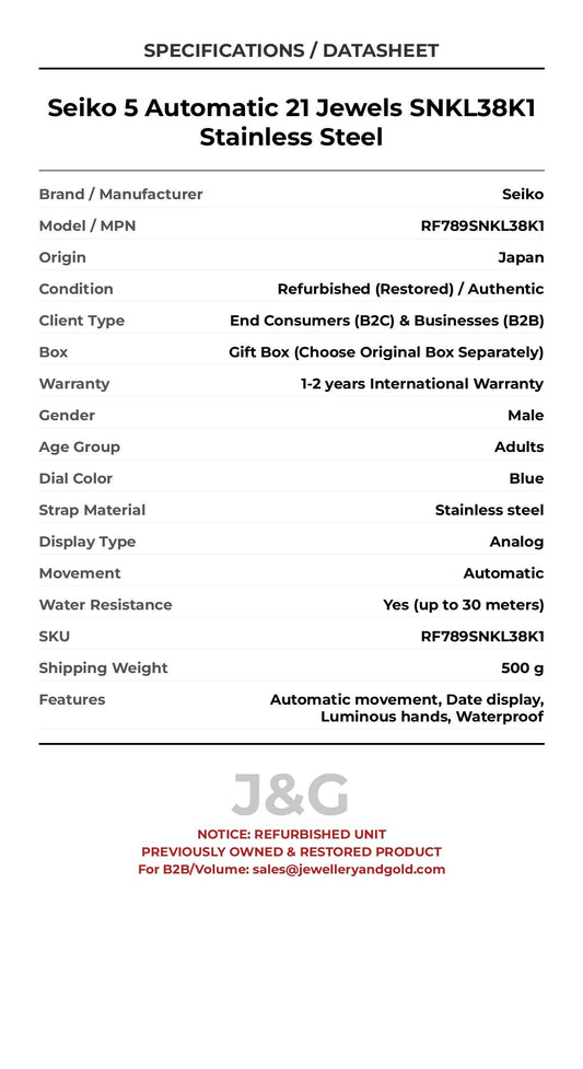 Seiko 5 Automatic 21 Jewels SNKL38K1 Stainless Steel. A professionally refurbished Seiko watch featuring a Blue dial and a Stainless steel strap. Front view. - MAIN_PH