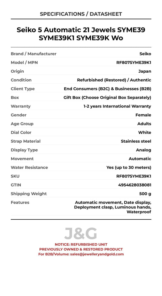 Seiko 5 Automatic 21 Jewels SYME39 SYME39K1 SYME39K Wo. A professionally refurbished Seiko watch featuring a White dial and a Stainless steel strap. Front view. - MAIN_PH