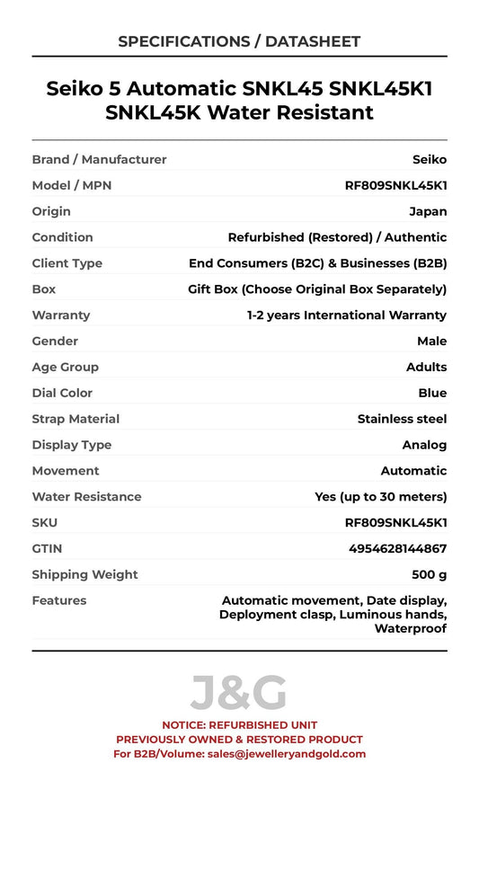 Seiko 5 Automatic SNKL45 SNKL45K1 SNKL45K Water Resistant. A professionally refurbished Seiko watch featuring a Blue dial and a Stainless steel strap. Side view. - MAIN_PH