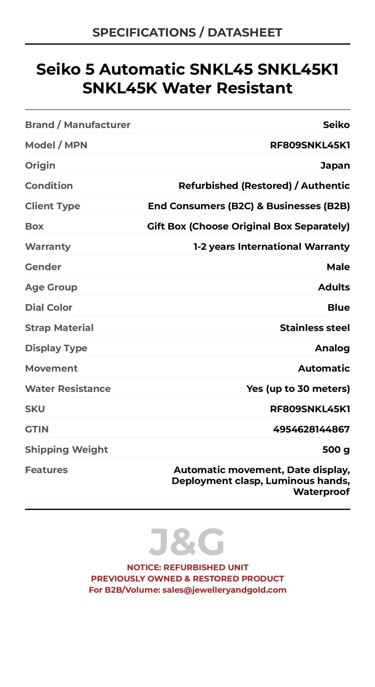 Seiko 5 Automatic SNKL45 SNKL45K1 SNKL45K Water Resistant. A professionally refurbished Seiko watch featuring a Blue dial and a Stainless steel strap. Front view. - MAIN_PH