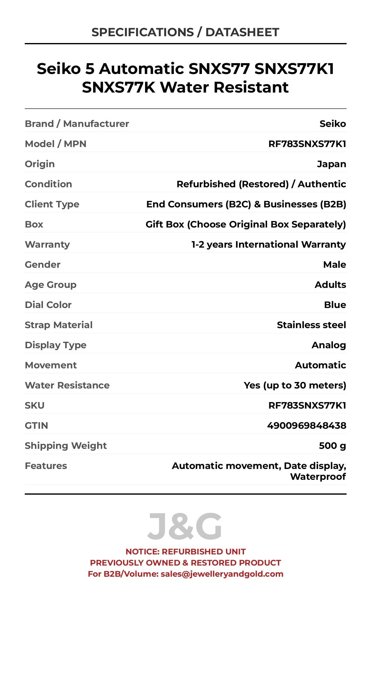 Seiko 5 Automatic SNXS77 SNXS77K1 SNXS77K Water Resistant. A professionally refurbished Seiko watch featuring a Blue dial and a Stainless steel strap. Angled view. - MAIN_PH