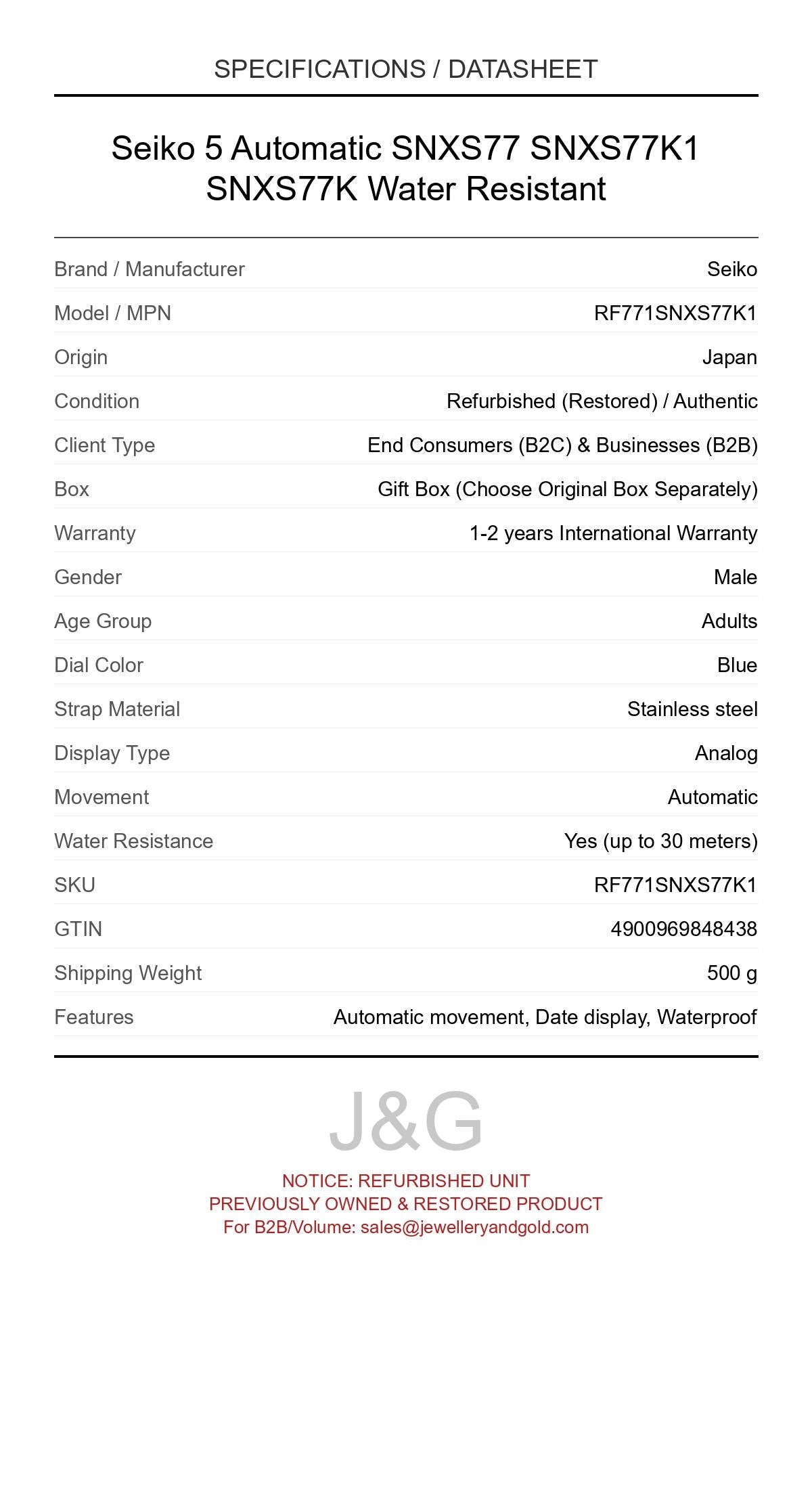 Seiko 5 Automatic SNXS77 SNXS77K1 SNXS77K Water Resistant. A professionally refurbished Seiko watch featuring a Blue dial and a Stainless steel strap. Front view. - MAIN_PH