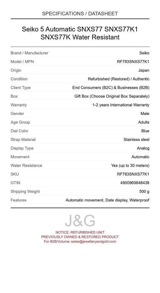 Seiko 5 Automatic SNXS77 SNXS77K1 SNXS77K Water Resistant. A professionally refurbished Seiko watch featuring a Blue dial and a Stainless steel strap. Side view. - MAIN_PH