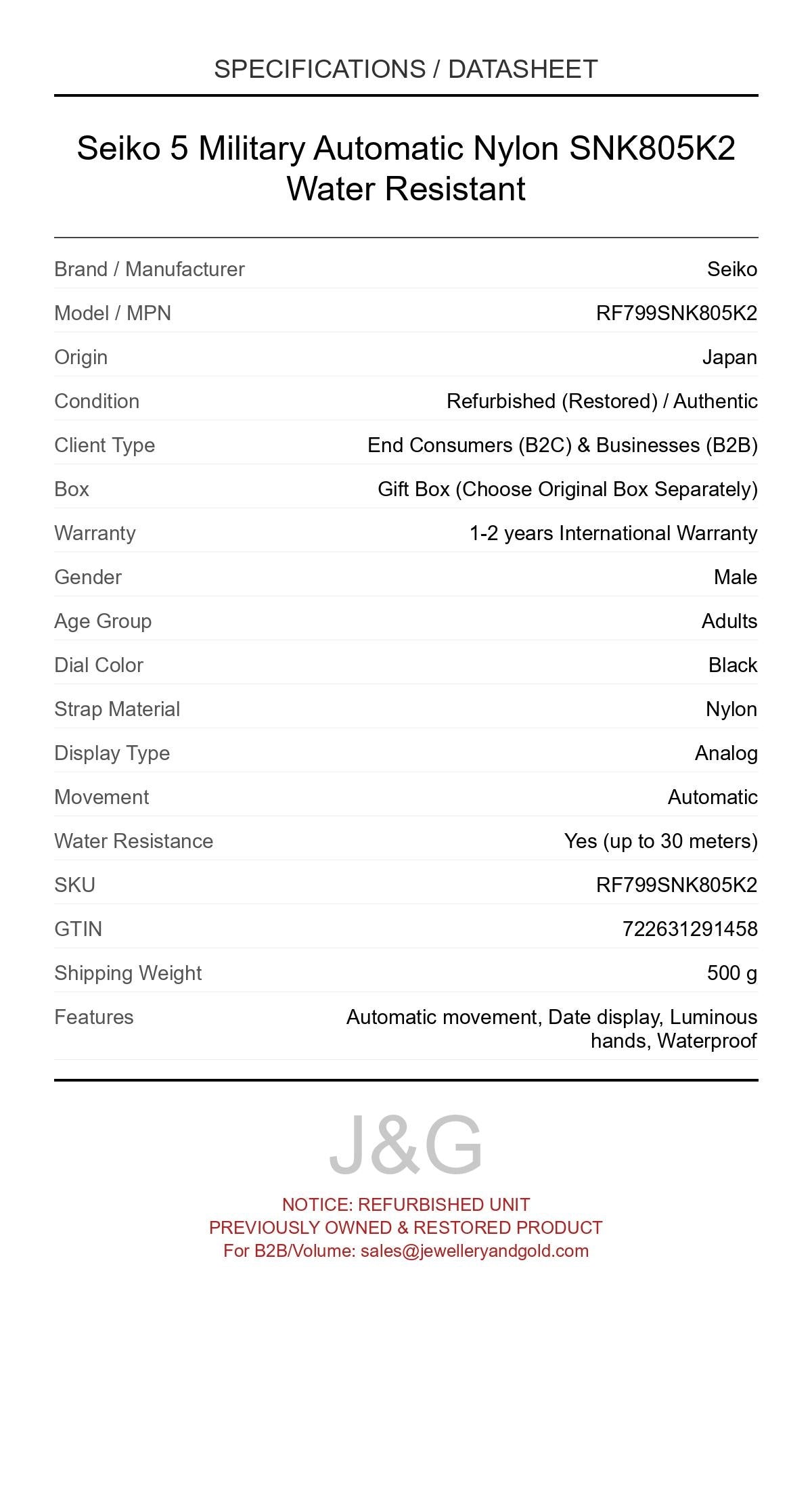 Seiko 5 Military Automatic Nylon SNK805K2 Water Resistant. A professionally refurbished Seiko watch featuring a Black dial and a Nylon strap. Front view. - MAIN_PH