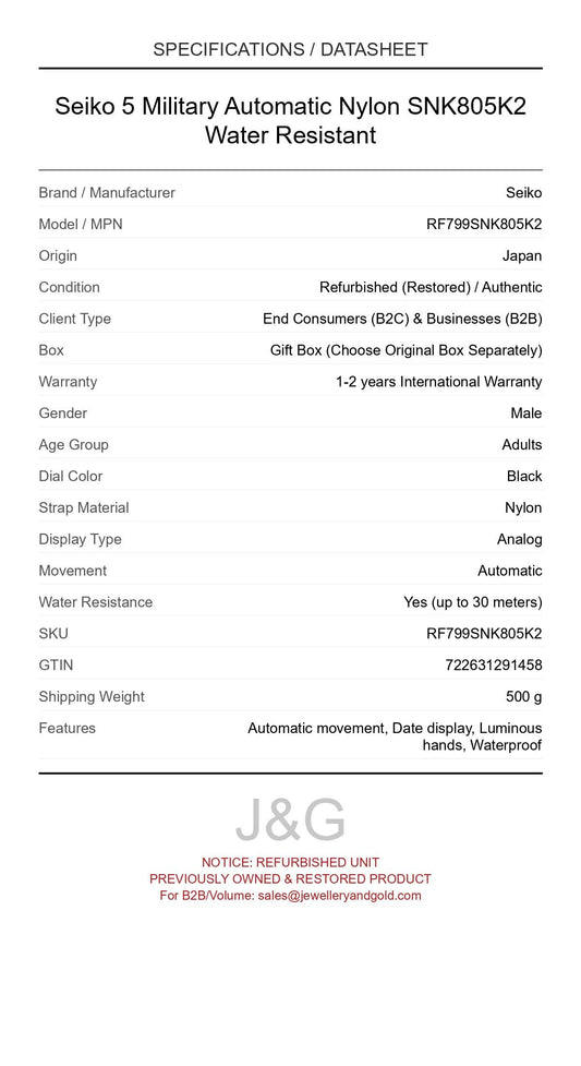 Seiko 5 Military Automatic Nylon SNK805K2 Water Resistant. A professionally refurbished Seiko watch featuring a Black dial and a Nylon strap. Front view. - MAIN_PH