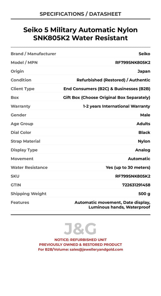 Seiko 5 Military Automatic Nylon SNK805K2 Water Resistant. A professionally refurbished Seiko watch featuring a Black dial and a Nylon strap. Side view. - MAIN_PH