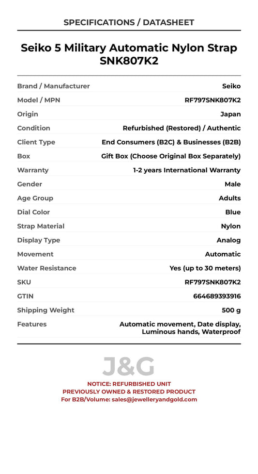 Seiko 5 Military Automatic Nylon Strap SNK807K2. A professionally refurbished Seiko watch featuring a Blue dial and a Nylon strap. Front view. - MAIN_PH