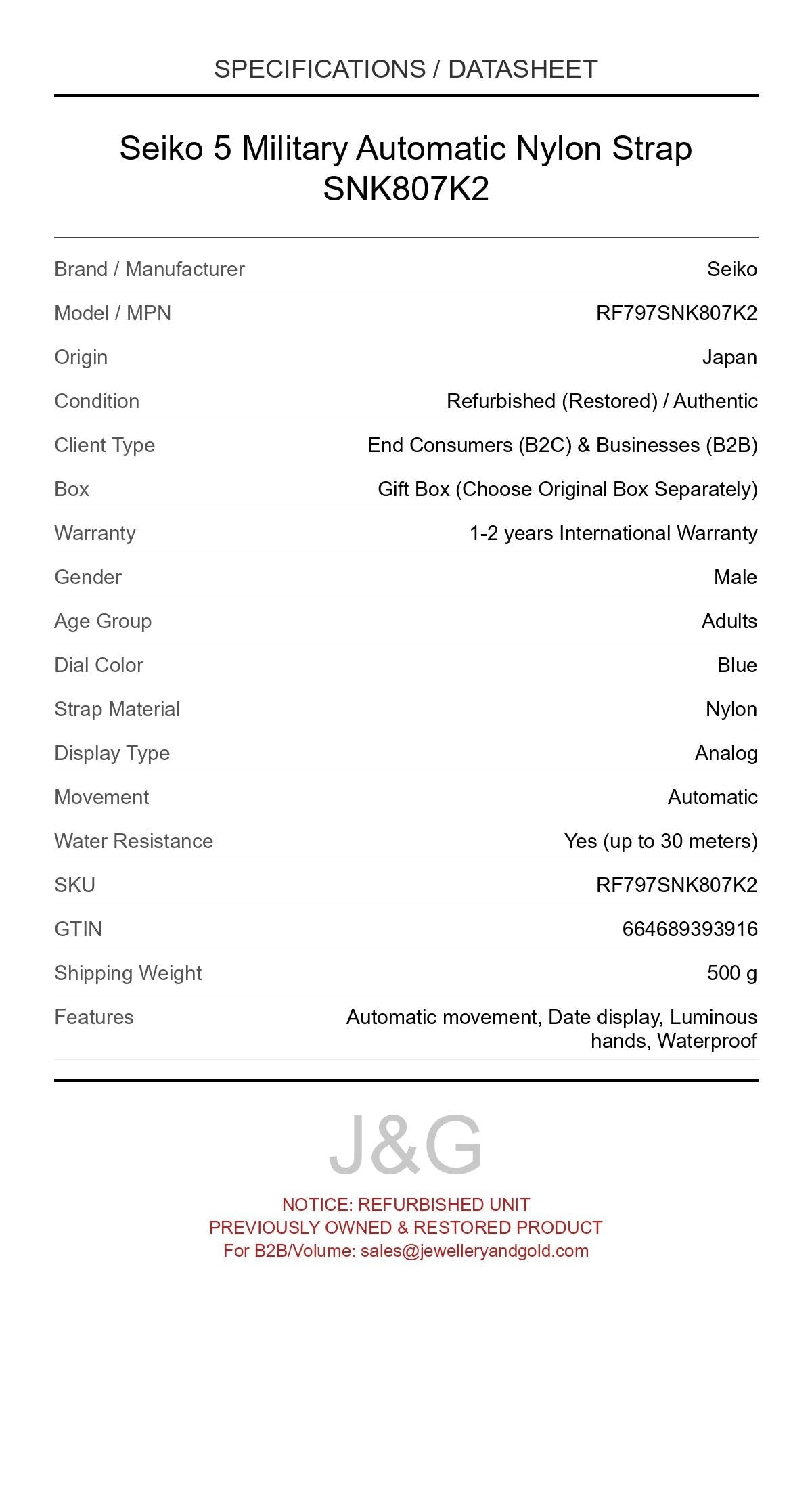 Seiko 5 Military Automatic Nylon Strap SNK807K2. A professionally refurbished Seiko watch featuring a Blue dial and a Nylon strap. Angled view. - MAIN_PH