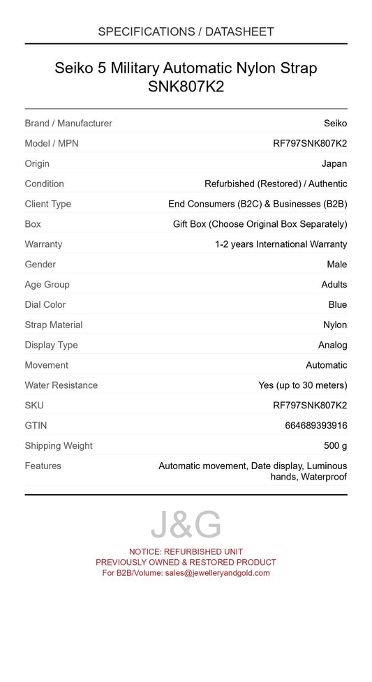 Seiko 5 Military Automatic Nylon Strap SNK807K2. A professionally refurbished Seiko watch featuring a Blue dial and a Nylon strap. Angled view. - MAIN_PH