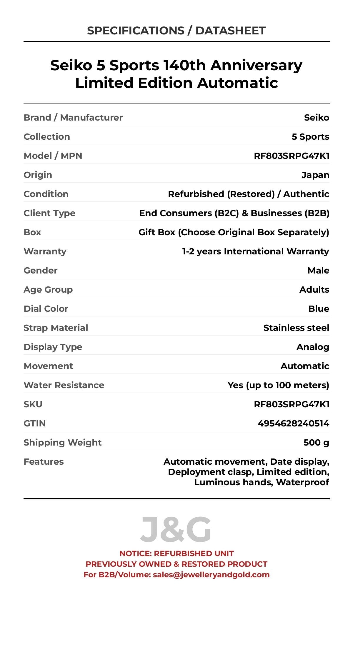 Seiko 5 Sports 140th Anniversary Limited Edition Automatic. A professionally refurbished Seiko 5 Sports watch featuring a Blue dial and a Stainless steel strap. Front view. - MAIN_PH