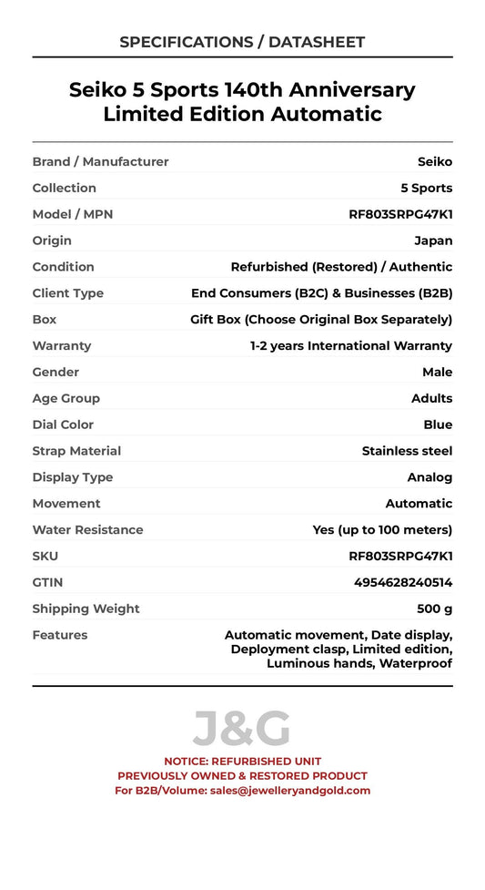 Seiko 5 Sports 140th Anniversary Limited Edition Automatic. A professionally refurbished Seiko 5 Sports watch featuring a Blue dial and a Stainless steel strap. Front view. - MAIN_PH