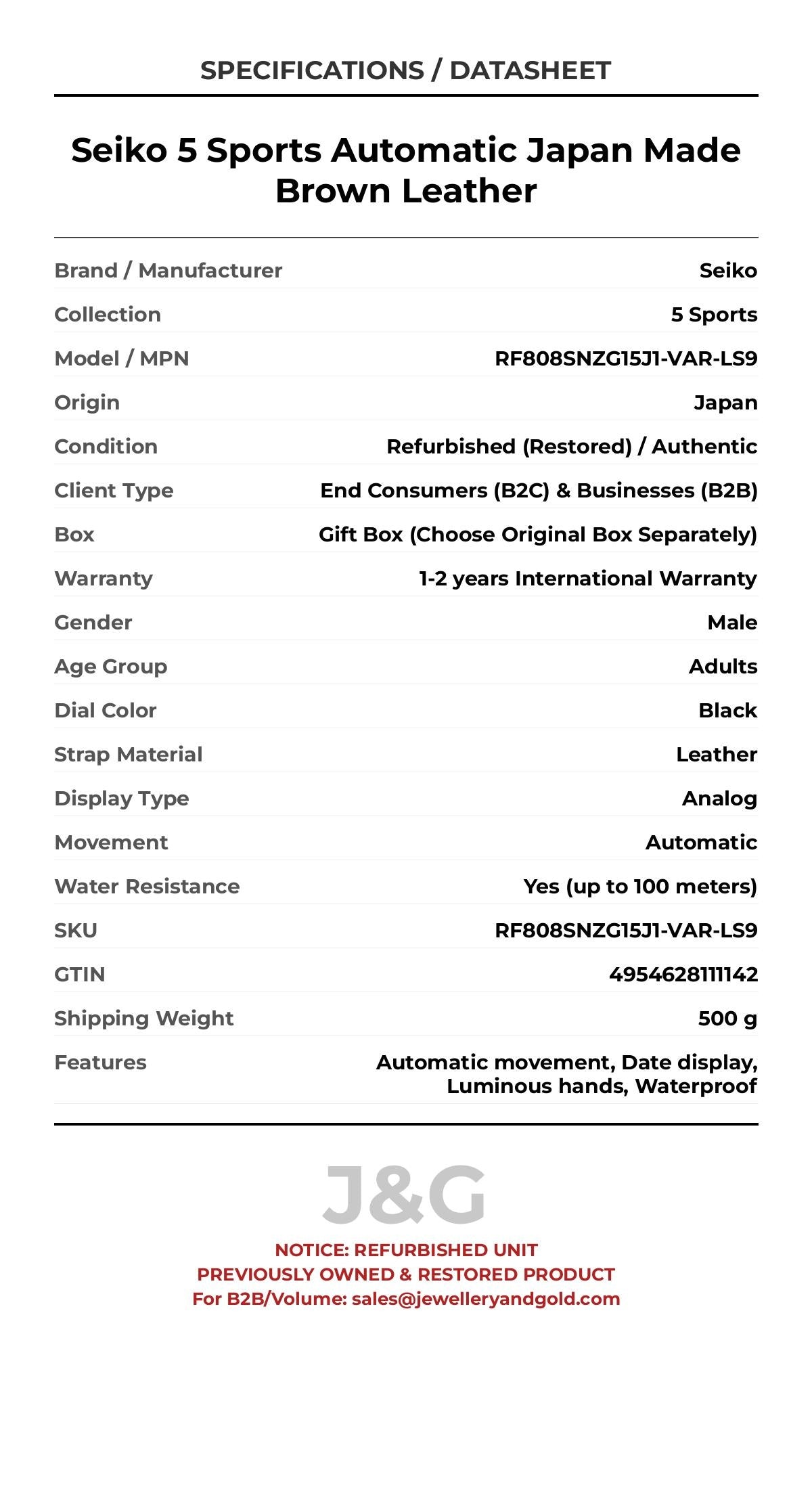 Seiko 5 Sports Automatic Japan Made Brown Leather. A professionally refurbished Seiko 5 Sports watch featuring a Black dial and a Leather strap. Side view. - MAIN_PH