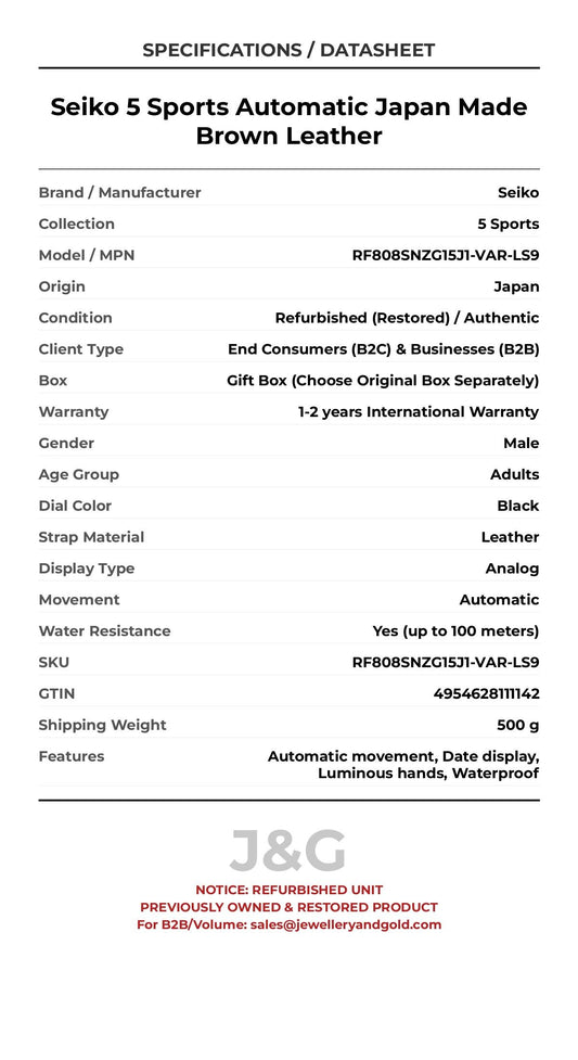 Seiko 5 Sports Automatic Japan Made Brown Leather. A professionally refurbished Seiko 5 Sports watch featuring a Black dial and a Leather strap. Angled view. - MAIN_PH