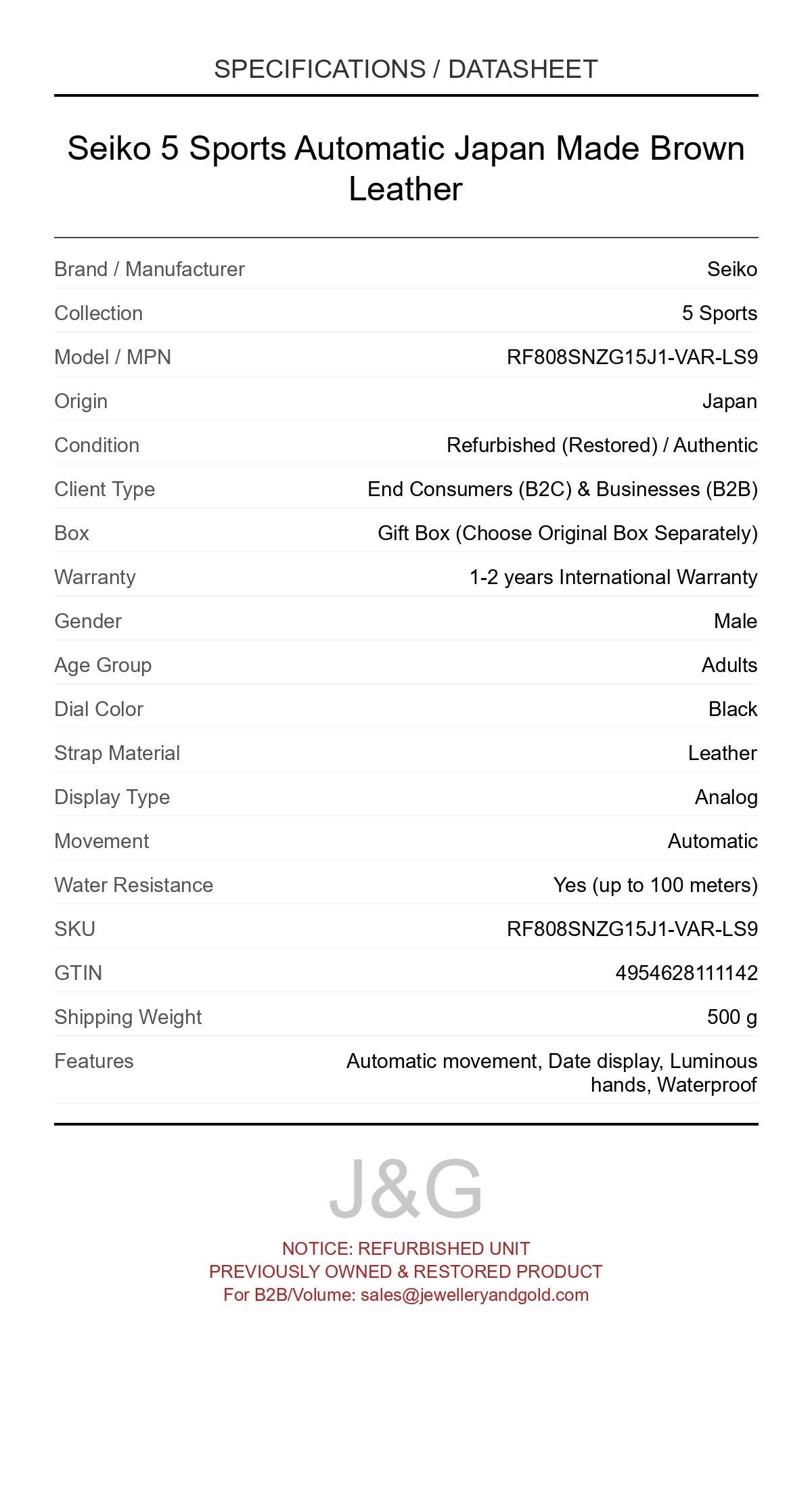 Seiko 5 Sports Automatic Japan Made Brown Leather. A professionally refurbished Seiko 5 Sports watch featuring a Black dial and a Leather strap. Side view. - MAIN_PH