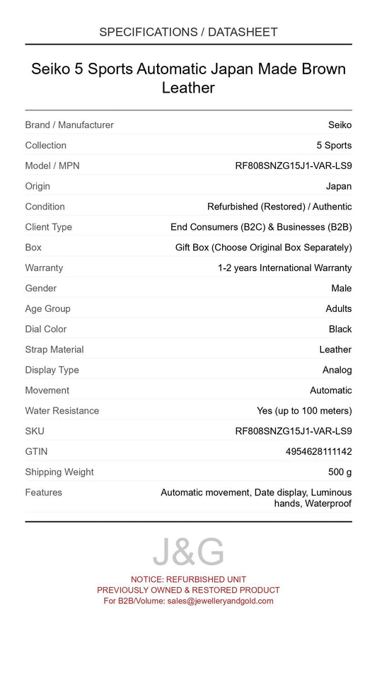 Seiko 5 Sports Automatic Japan Made Brown Leather. A professionally refurbished Seiko 5 Sports watch featuring a Black dial and a Leather strap. Side view. - MAIN_PH