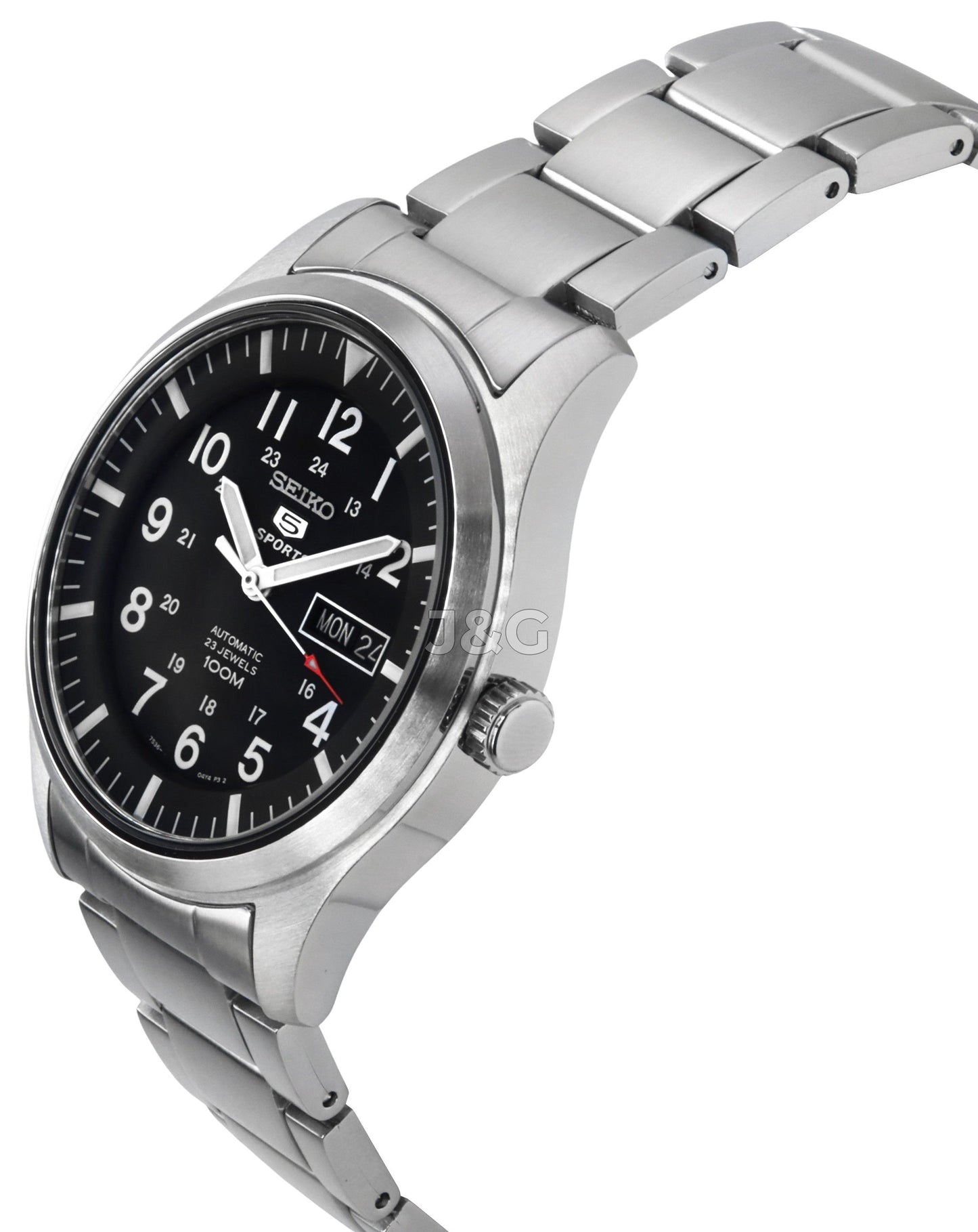 Seiko 5 Sports Automatic movement Black Stainless steel Male SNZG13K1. A brand-new Seiko 5 Sports watch featuring a Black dial and a Stainless steel strap. Front view. - view 3