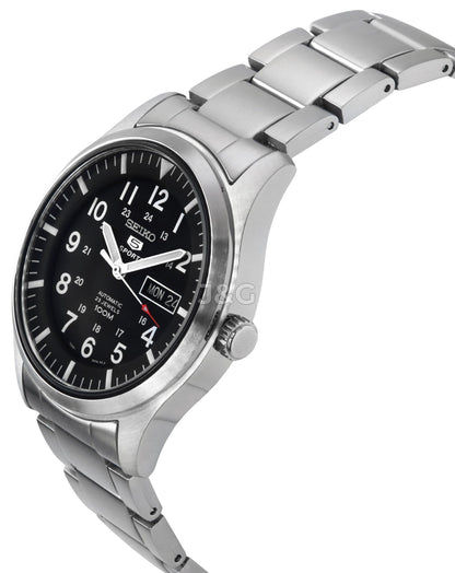 Seiko 5 Sports Automatic movement Black Stainless steel Male SNZG13K1. A brand-new Seiko 5 Sports watch featuring a Black dial and a Stainless steel strap. Front view. - view 3