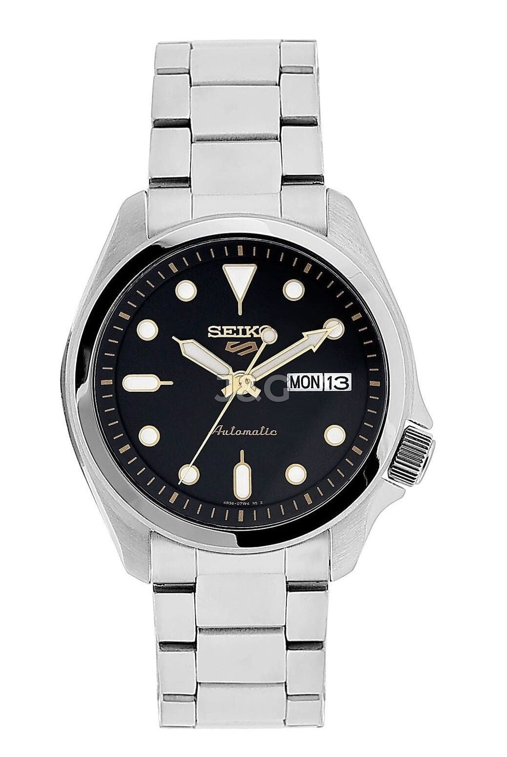 Seiko 5 Sports Automatic movement Black Stainless steel Male SRPE57K1. A brand-new Seiko 5 Sports watch featuring a Black dial and a Stainless steel strap. Side view. - view 2