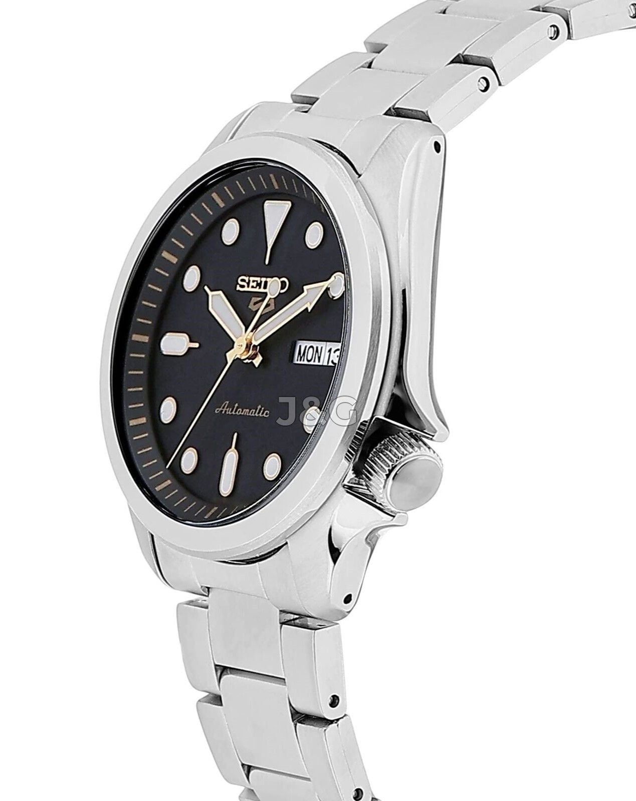 Seiko 5 Sports Automatic movement Black Stainless steel Male SRPE57K1. A brand-new Seiko 5 Sports watch featuring a Black dial and a Stainless steel strap. Side view. - view 3