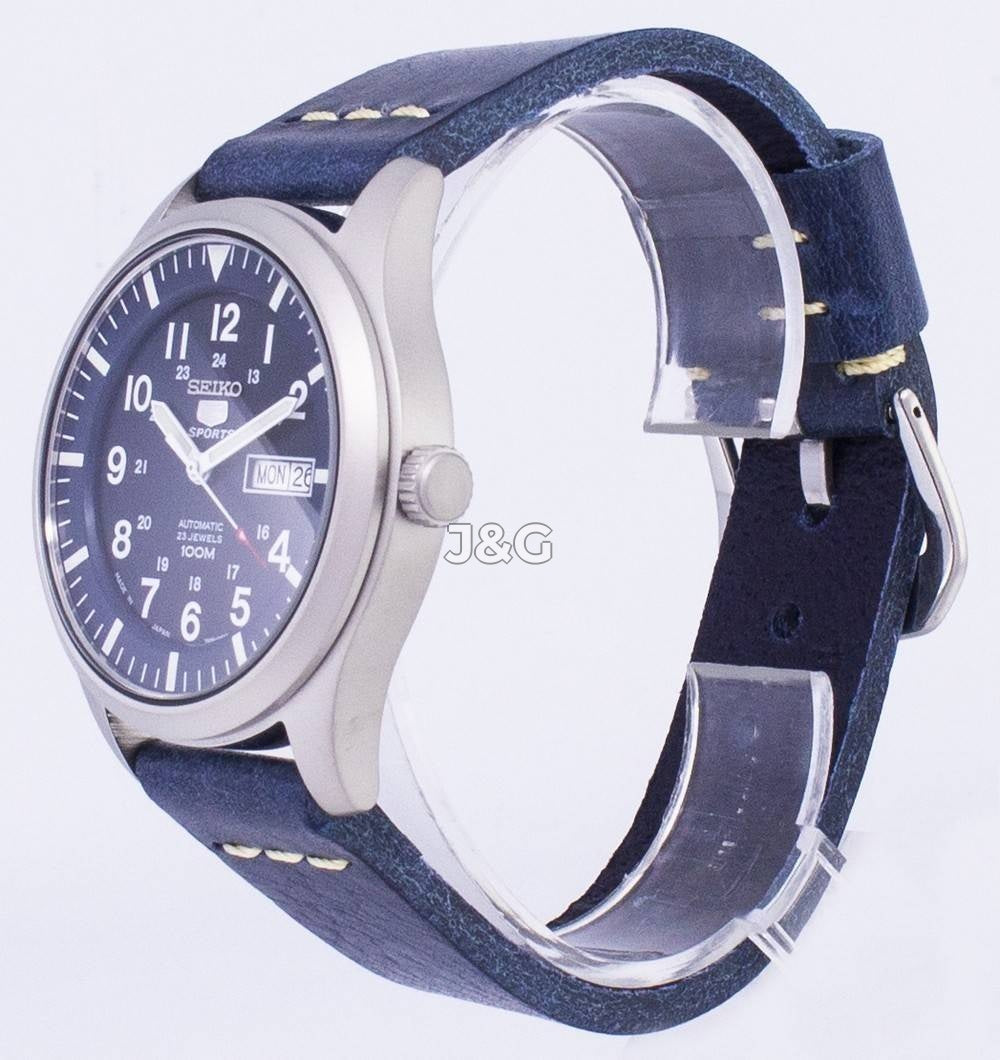Seiko 5 Sports Automatic movement Blue Leather Male SNZG11J1-var-LS15. A brand-new Seiko 5 Sports watch featuring a Blue dial and a Leather strap. Front view. - view 3