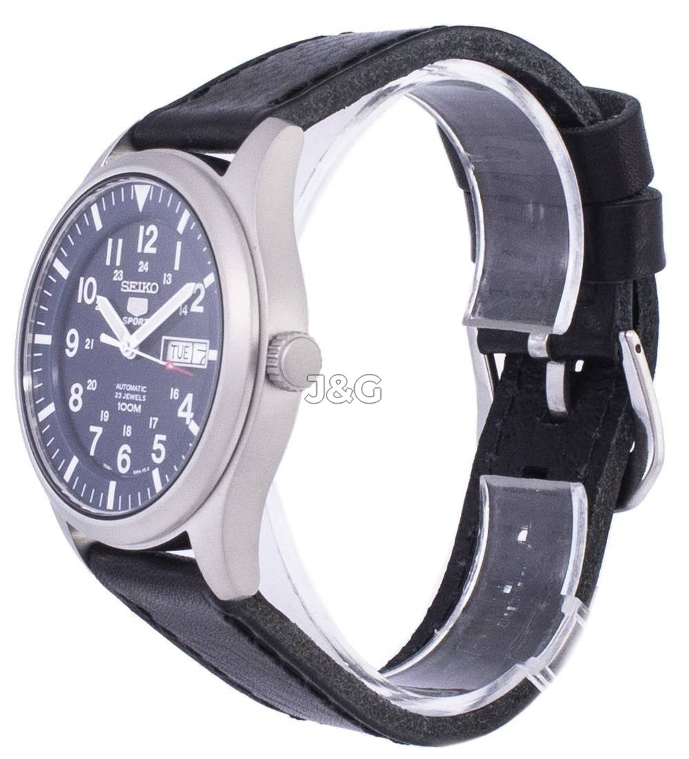 Seiko 5 Sports Automatic movement Blue Leather Male SNZG11K1-var-LS8. A brand-new Seiko 5 Sports watch featuring a Blue dial and a Leather strap. Front view. - view 3